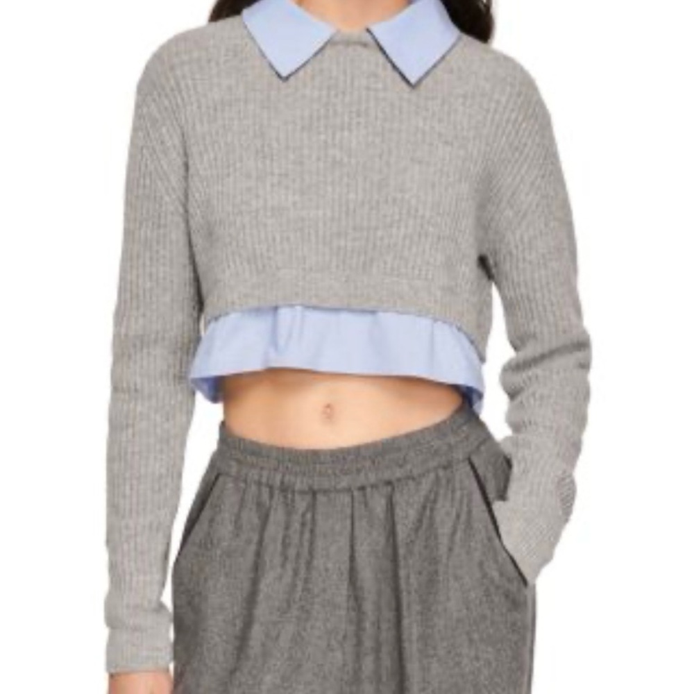 Sandro Gray Cropped layered look Radieux Sweater with Blue Collar bust 32” SM